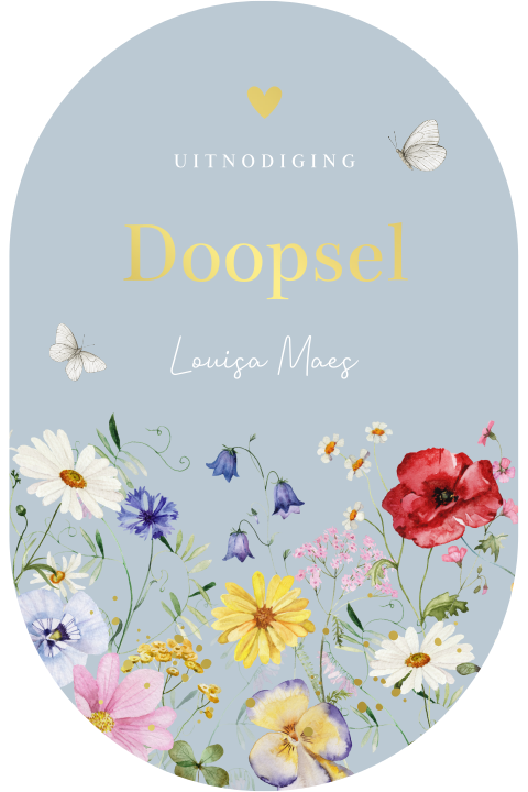 Doop uitnodiging doopkaart meisje ovaal bloemen blauw goudfolie