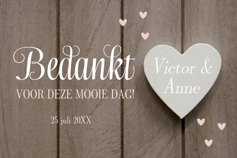 Bedankkaart huwelijk houtlook hartje bruin