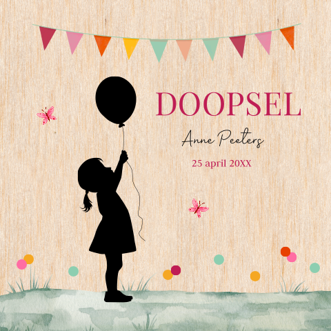 Doopkaart echt hout meisje silhouet ballon slinger