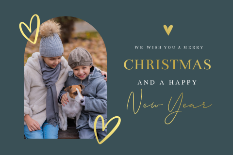 Stijlvolle kerstkaart blauw foto boog hartjes goudfolie