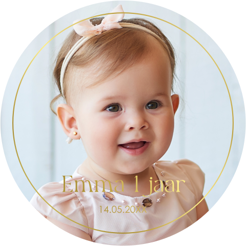 Uitnodiging kinderfeestje meisje 1 jaar rond foto goudfolie