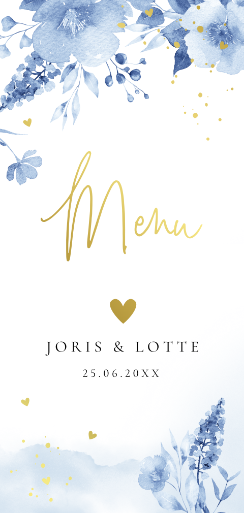 Menukaart huwelijk bloemen blauw goudfolie