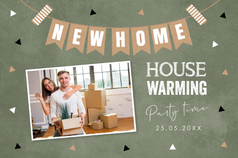 Housewarming uitnodiging groen foto driehoekjes slinger
