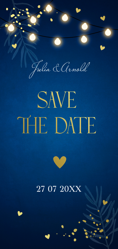 Save the Date kerstkaart langwerpig blauw lampjes goudfolie