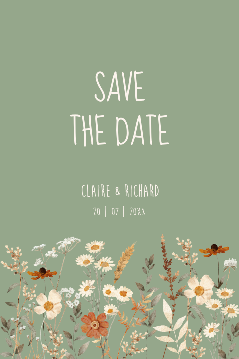 Save the Date kaart groen veld bloemen