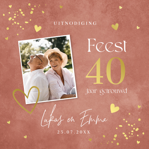 Jubileumkaart uitnodiging 40 jaar getrouwd foto terracotta goudfolie