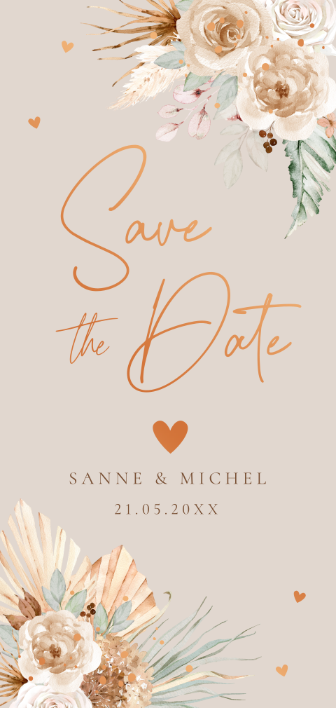 Save the Date uitnodiging bohemian bloemen naturel beige koperfolie