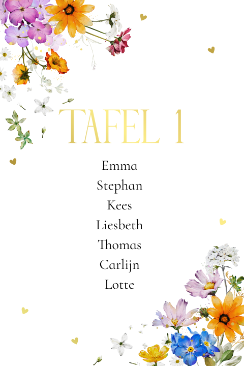 Tafelkaart huwelijk zomerse bloemen goudfolie