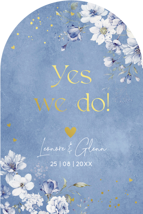 Trouwkaart blauw bloemen goudfolie boog