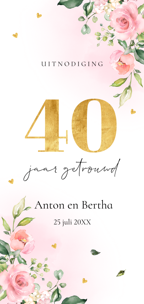 Uitnodiging jubileum huwelijk langwerpig bloemen roze 40 jaar getrouwd