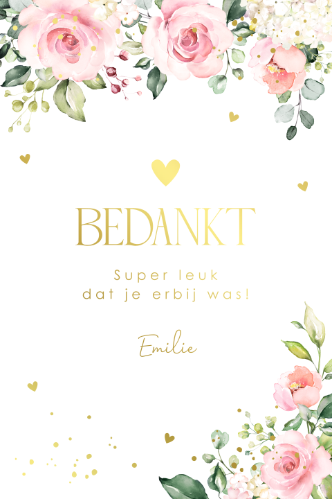 Bedankkaart communie meisje bloemen roze goudfolie