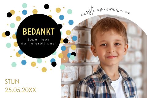 Bedankkaart communie jongen foto boog dots goudfolie