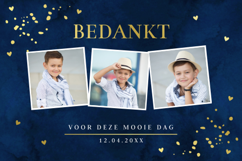 Bedankkaart communie blauw fotocollage jongen goudfolie