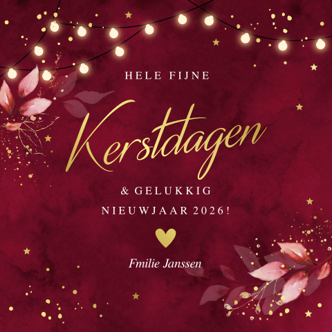 Kerstkaart rood botanisch bladeren lampjes goudfolie