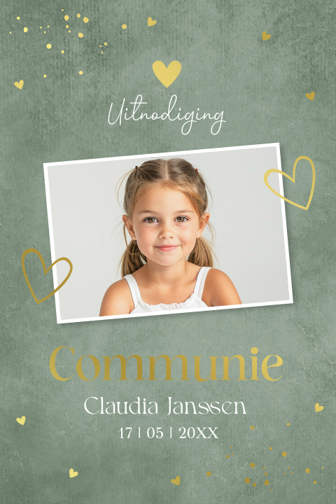 Communie uitnodiging meisje foto groen goudfolie