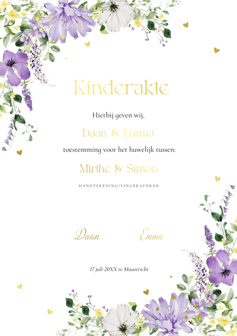 Kinderakte huwelijk Twiggy bloemen paars goudfolie
