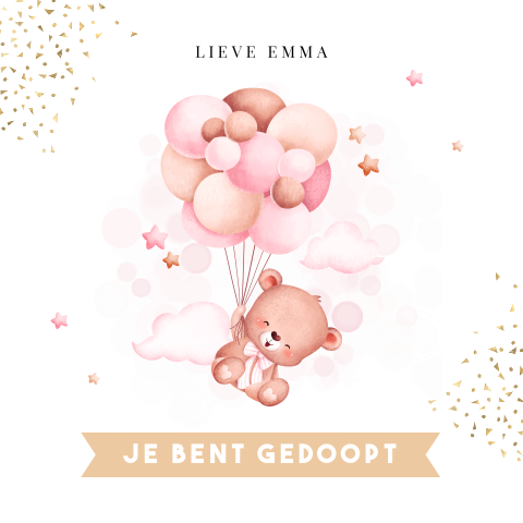 Felicitatie kaart doop meisje lief beertje ballonnen