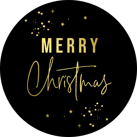 Kerst sluitsticker zwart merry christmas goudfolie | 25 stuks