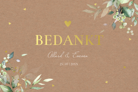 Bedankkaart huwelijk groen botanisch bladeren goudfolie