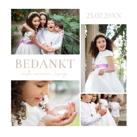 Bedankkaart communie wit met fotocollage