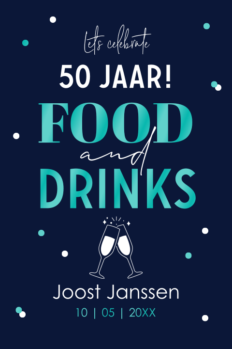 Uitnodiging verjaardag 50 jaar foods and drinks hoogglans blauw