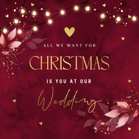 Trouwkaart winter wedding kerst rood goudfolie