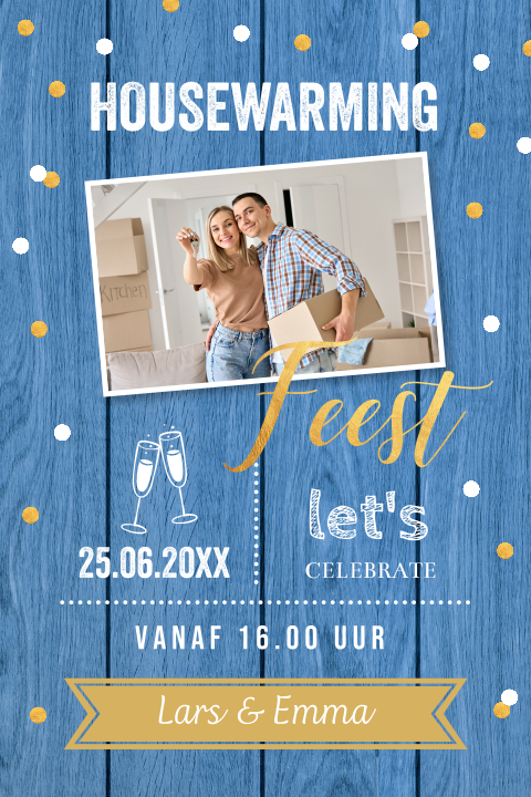 Uitnodiging housewarming feest blauw hout foto en confetti