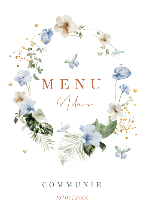 Menukaart communie boog vorm jongen bloemen blauw