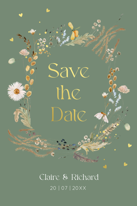 Save the Date kaart groen floral bloemen goudfolie