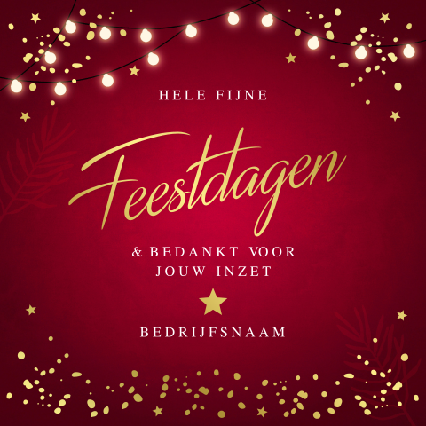 Zakelijke kerstkaart rood Fijne Feestdagen goudfolie lampjes