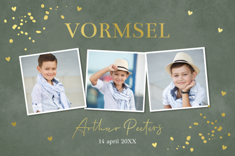 Uitnodiging vormsel groen fotocollage jongen goudfolie