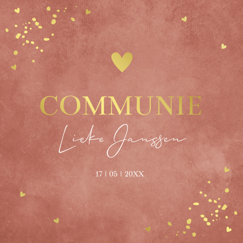 Communie uitnodiging meisje roestbruin hartje goudfolie