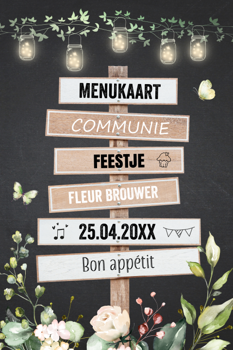 Menukaart communie wegwijzer hout groene bladeren bloemen