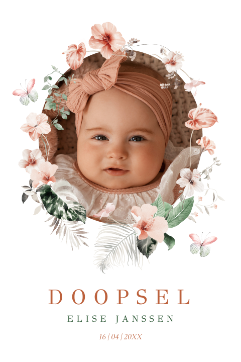Doop uitnodiging meisje foto bloemen roze boog