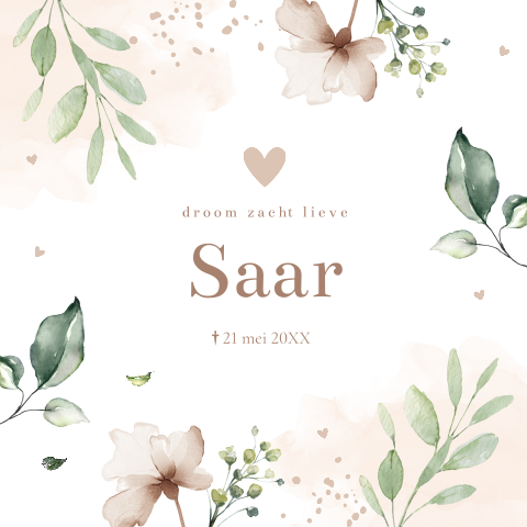 Rouwkaartje baby kind meisje bloemen bladeren aquarel beige