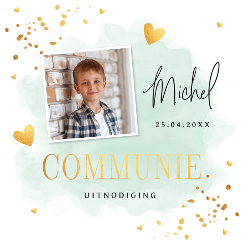 Communie uitnodiging jongen met foto watercolour groen goudlook