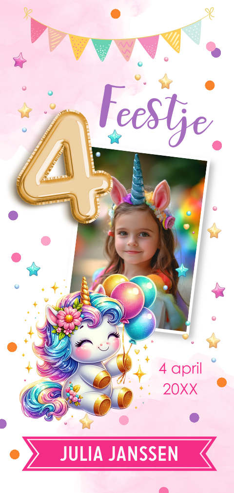 Kinderfeestje uitnodiging meisje 4 jaar foto eenhoorn roze