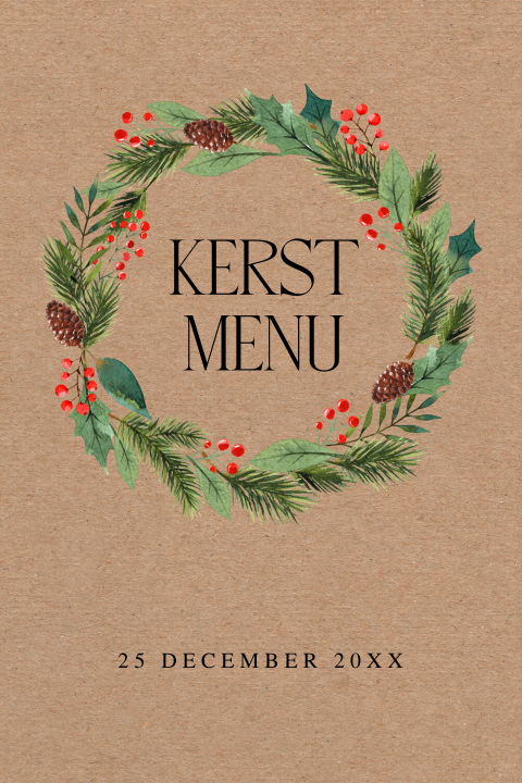 Kerstmenukaart bruin kerstkrans groen kraft look