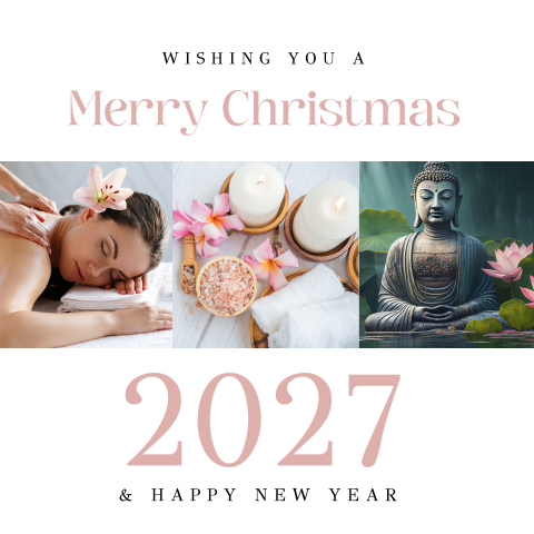 Zakelijke kerstkaart wellness 2027 roze boeddha schoonheid