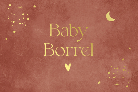 Babyborrel kaartje roestbruin met spetters goudfolie