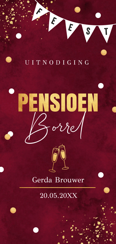 Pensioen uitnodiging rood langwerpig goudlook slinger confetti