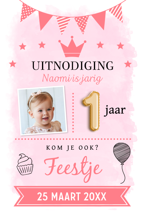 Uitnodiging kinderfeestje meisje roze 1 jaar slinger typografie