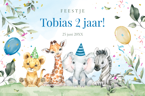 Uitnodiging kinderfeestje jongen 2 jaar jungle safari dieren ballonnen