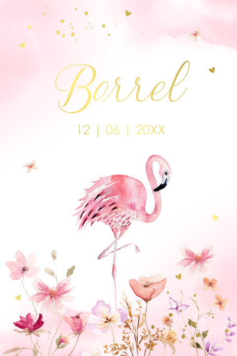 Kraamborrelkaartje flamingo roze meisje goudfolie