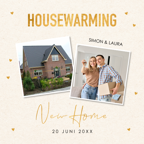 Housewarming uitnodiging wit foto goud look