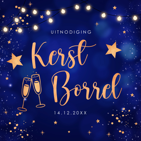Sprankelende kerstborrel uitnodiging blauw lampjes koperlook
