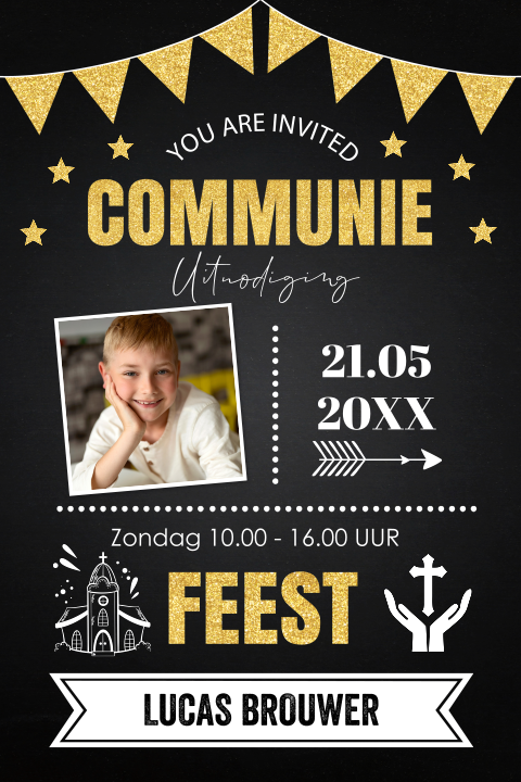 Uitnodiging communie zwart goudlook foto typografie slinger