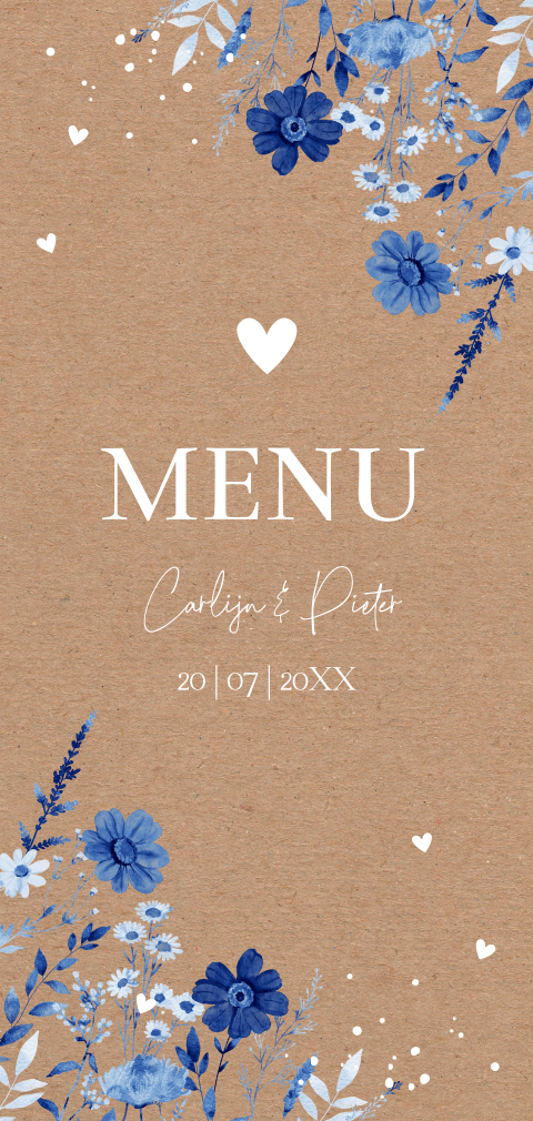Menukaart huwelijk kraft look watercolour bloemen blauw