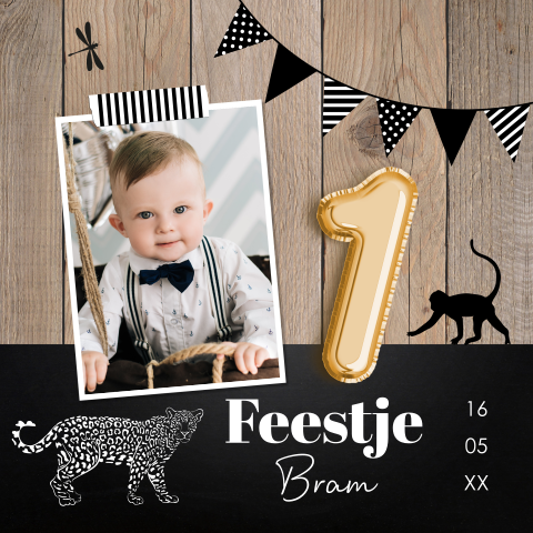 Uitnodiging kinderfeestje jongen 1 jaar zwart houtlook foto dieren