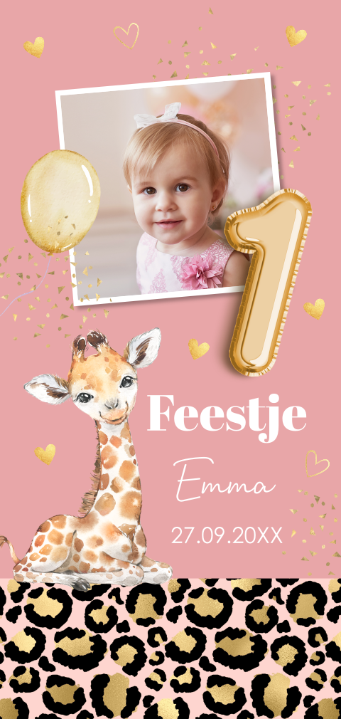 Uitnodiging kinderfeestje meisje 1 jaar foto giraffe ballonnen roze